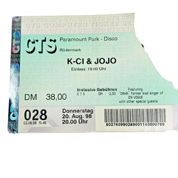 Vintage 1998 K-Ci & JoJo Concert Ticket Stub CTS Germany Rare Collectible u - Picture 1 of 2